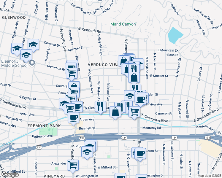 map of restaurants, bars, coffee shops, grocery stores, and more near 1114 Melrose Avenue in Glendale