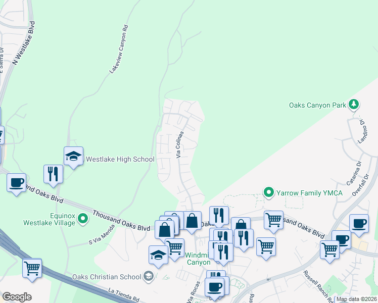 map of restaurants, bars, coffee shops, grocery stores, and more near 2 Dole Drive in Westlake Village