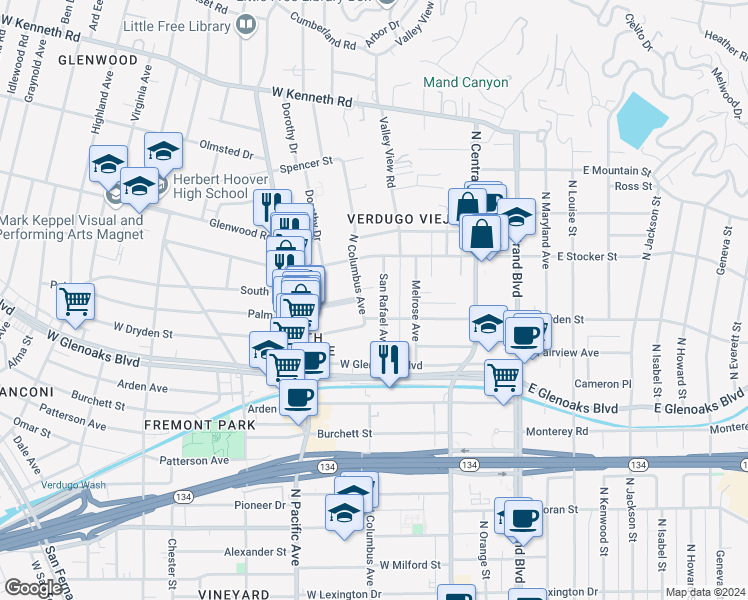 map of restaurants, bars, coffee shops, grocery stores, and more near 1114 Melrose Avenue in Glendale