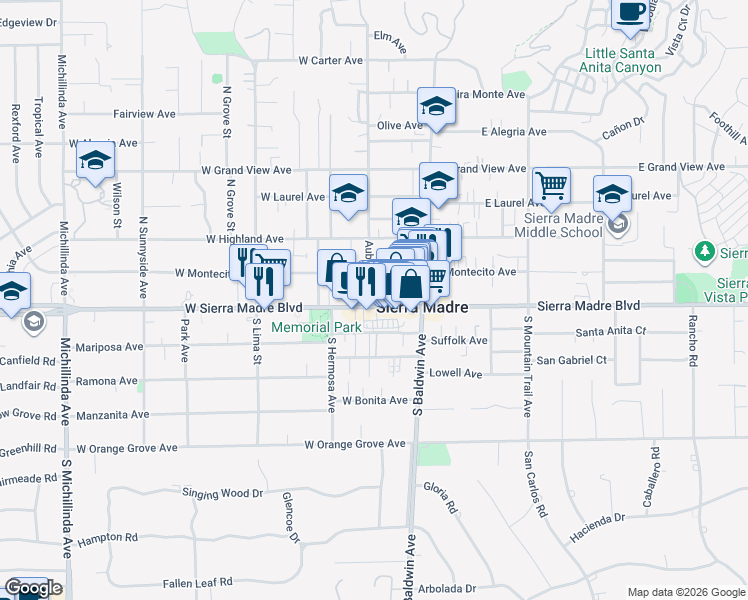 map of restaurants, bars, coffee shops, grocery stores, and more near 80 Montecito Court in Sierra Madre