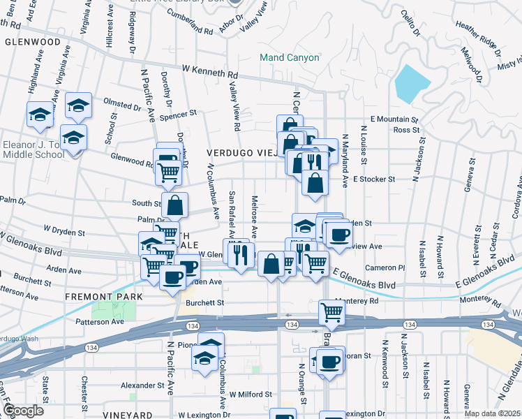 map of restaurants, bars, coffee shops, grocery stores, and more near 1114 Melrose Avenue in Glendale