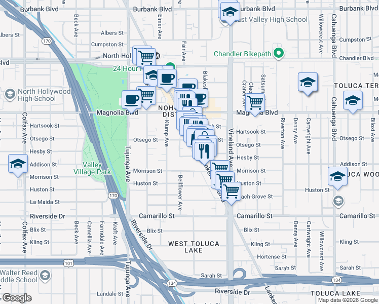 map of restaurants, bars, coffee shops, grocery stores, and more near 11127 Hesby Street in Los Angeles