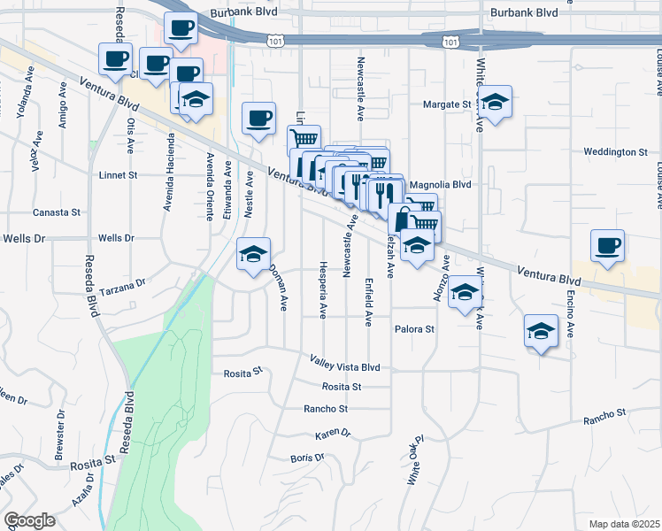 map of restaurants, bars, coffee shops, grocery stores, and more near 5113 Newcastle Avenue in Los Angeles