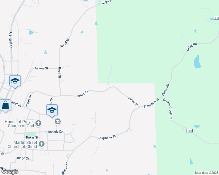 map of restaurants, bars, coffee shops, grocery stores, and more near 397 Jones Street in Water Valley