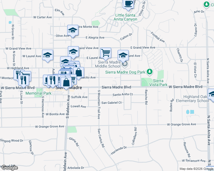 map of restaurants, bars, coffee shops, grocery stores, and more near 263 East Sierra Madre Boulevard in Sierra Madre