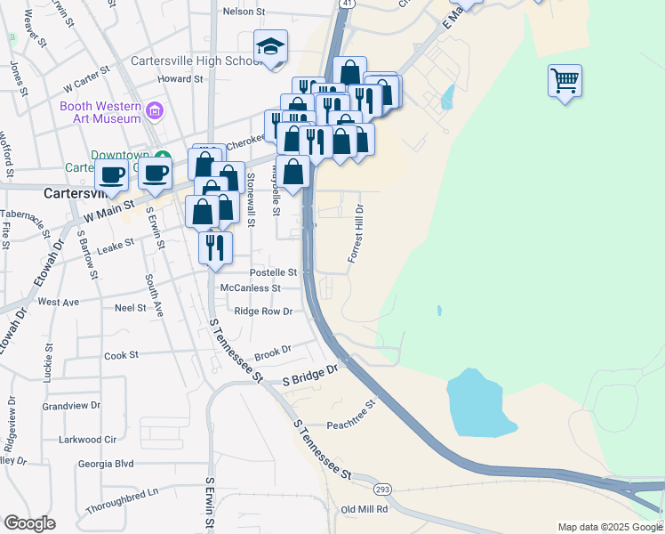 map of restaurants, bars, coffee shops, grocery stores, and more near 184 South Morningside Drive in Cartersville