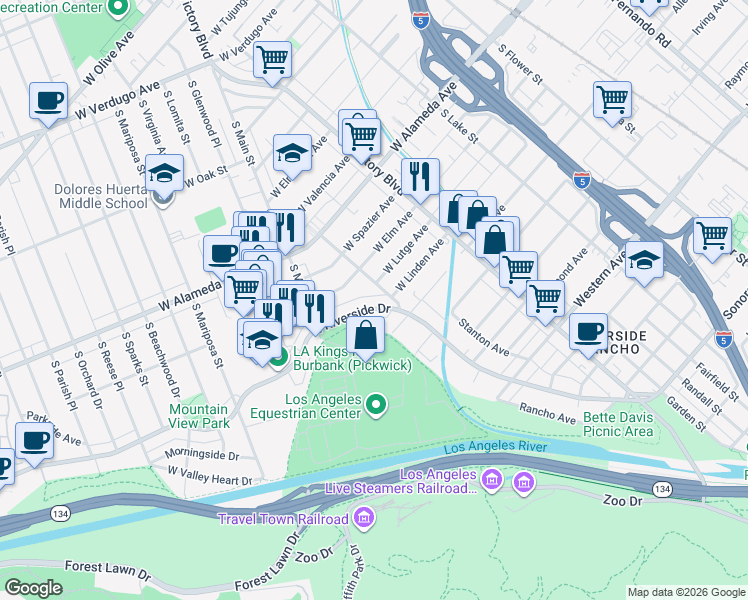 map of restaurants, bars, coffee shops, grocery stores, and more near 1219 South Chavez Street in Burbank