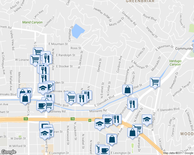 map of restaurants, bars, coffee shops, grocery stores, and more near Geneva Street in Glendale