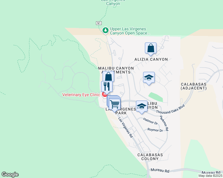 map of restaurants, bars, coffee shops, grocery stores, and more near 12 Las Virgenes Road in Calabasas