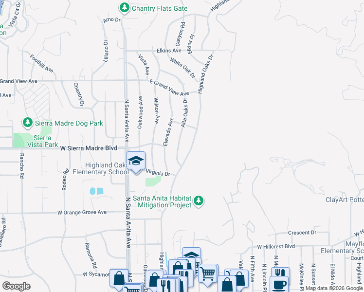 map of restaurants, bars, coffee shops, grocery stores, and more near 1716 Alta Oaks Drive in Arcadia