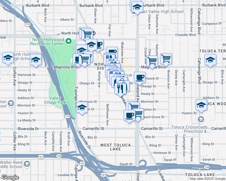 map of restaurants, bars, coffee shops, grocery stores, and more near 11127 Hesby Street in Los Angeles