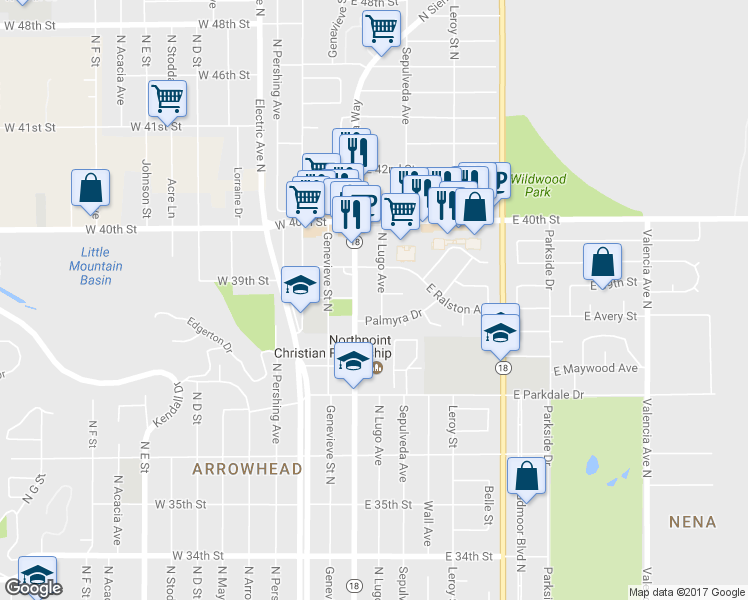 map of restaurants, bars, coffee shops, grocery stores, and more near 3890 North Lugo Avenue in San Bernardino