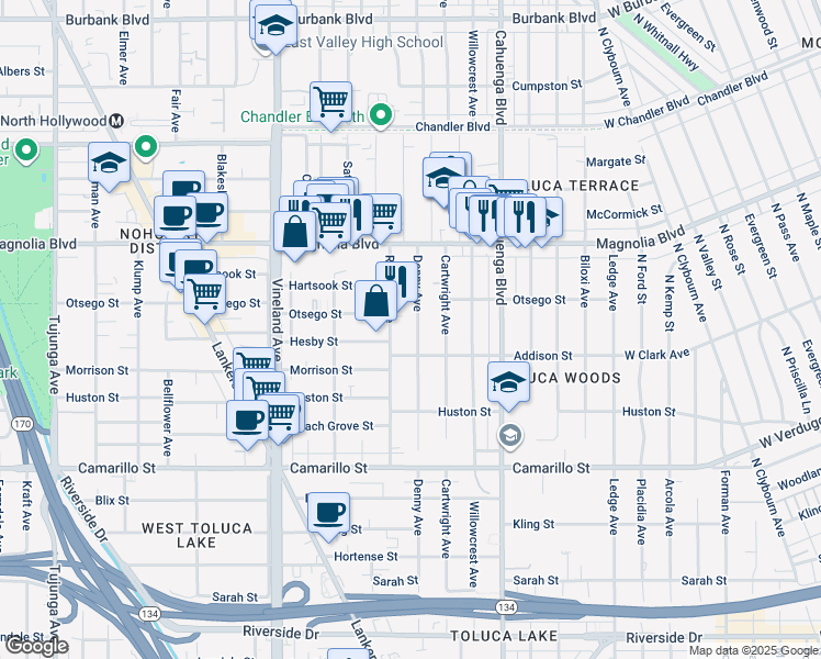map of restaurants, bars, coffee shops, grocery stores, and more near 5031 Denny Avenue in Los Angeles
