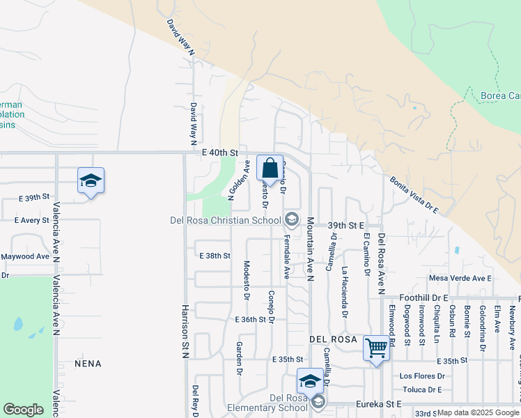 map of restaurants, bars, coffee shops, grocery stores, and more near 3924 Modesto Drive in San Bernardino