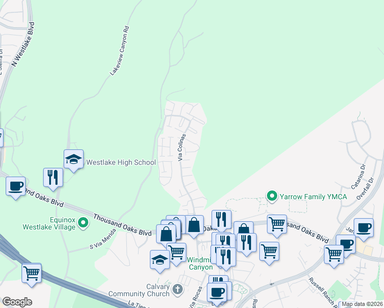map of restaurants, bars, coffee shops, grocery stores, and more near 406 Via Colinas in Thousand Oaks