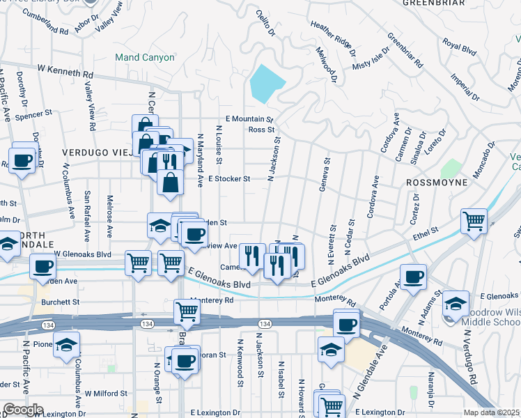 map of restaurants, bars, coffee shops, grocery stores, and more near 1115 North Jackson Street in Glendale