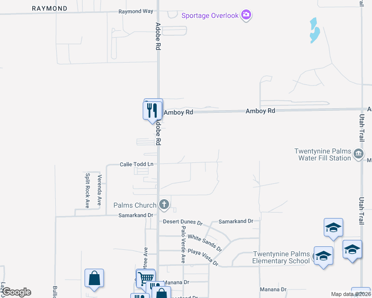 map of restaurants, bars, coffee shops, grocery stores, and more near 73790 Adobe Road in Twentynine Palms