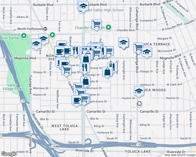 map of restaurants, bars, coffee shops, grocery stores, and more near Cleon Avenue in Los Angeles