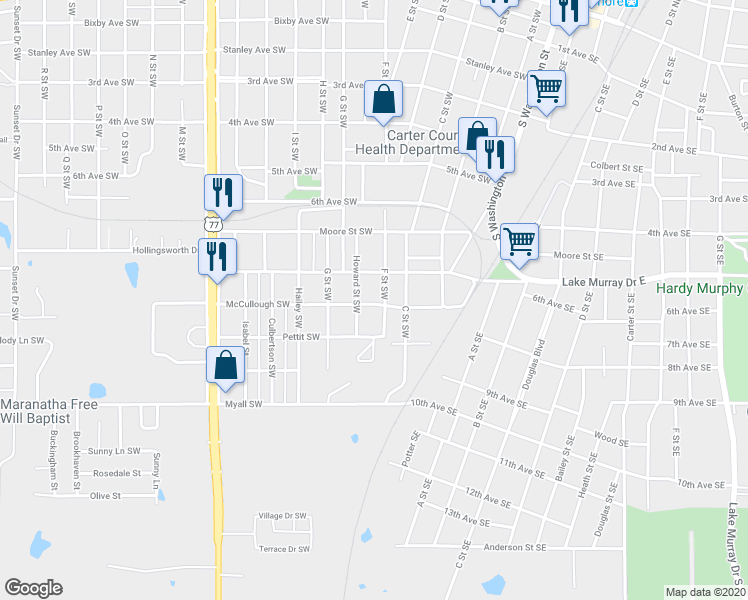 map of restaurants, bars, coffee shops, grocery stores, and more near 403 McCullough Southwest in Ardmore