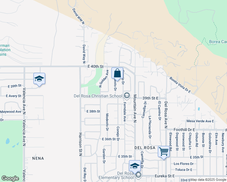 map of restaurants, bars, coffee shops, grocery stores, and more near 3924 Modesto Drive in San Bernardino