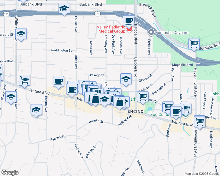 map of restaurants, bars, coffee shops, grocery stores, and more near 17039 Embassy Drive in Los Angeles