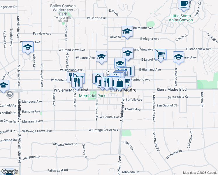 map of restaurants, bars, coffee shops, grocery stores, and more near 95 West Sierra Madre Boulevard in Sierra Madre