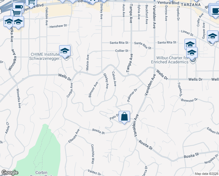 map of restaurants, bars, coffee shops, grocery stores, and more near 5036 Shirley Avenue in Los Angeles