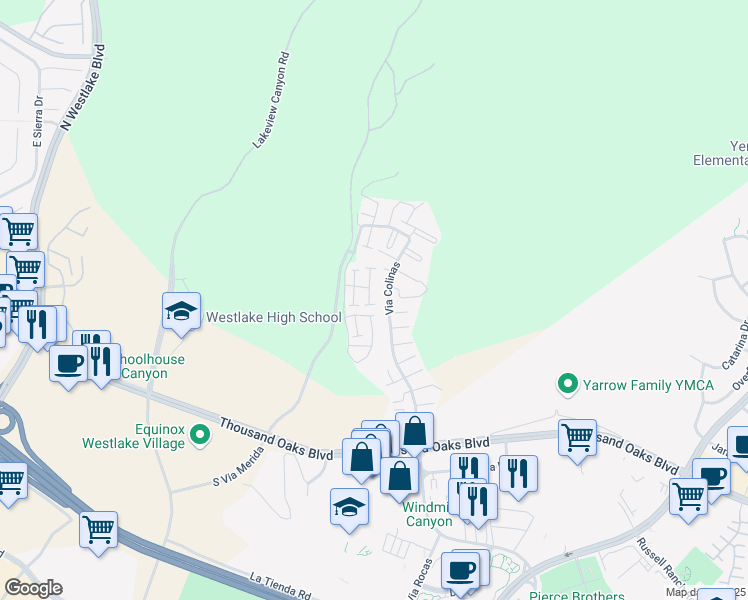map of restaurants, bars, coffee shops, grocery stores, and more near 909 Via Colinas in Westlake Village