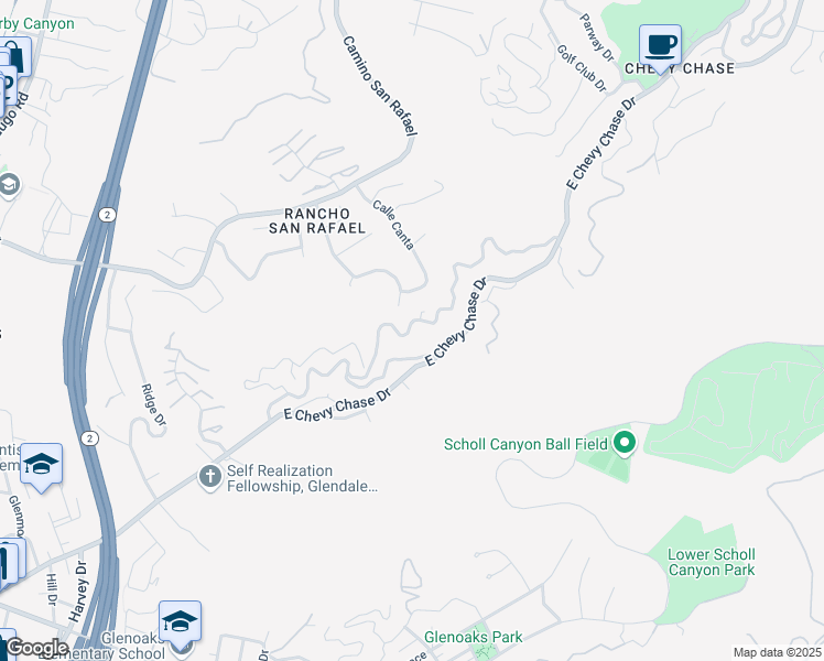 map of restaurants, bars, coffee shops, grocery stores, and more near 2578 Cascadia Dr in Glendale
