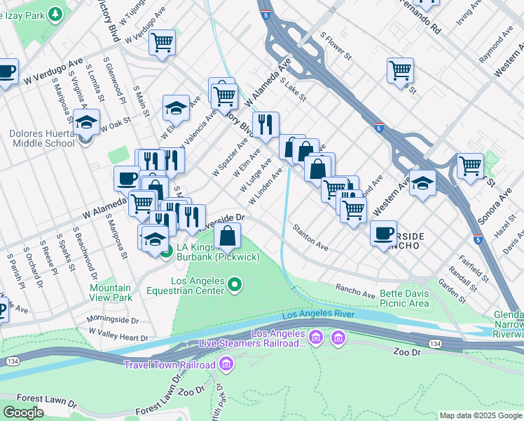 map of restaurants, bars, coffee shops, grocery stores, and more near 141 Allen Avenue in Glendale