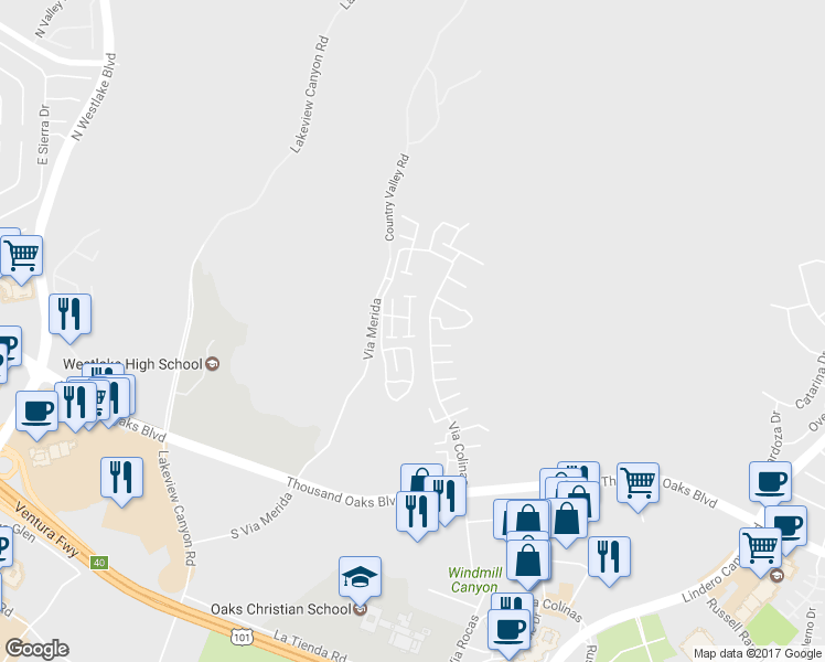 map of restaurants, bars, coffee shops, grocery stores, and more near 909 Via Colinas in Westlake Village