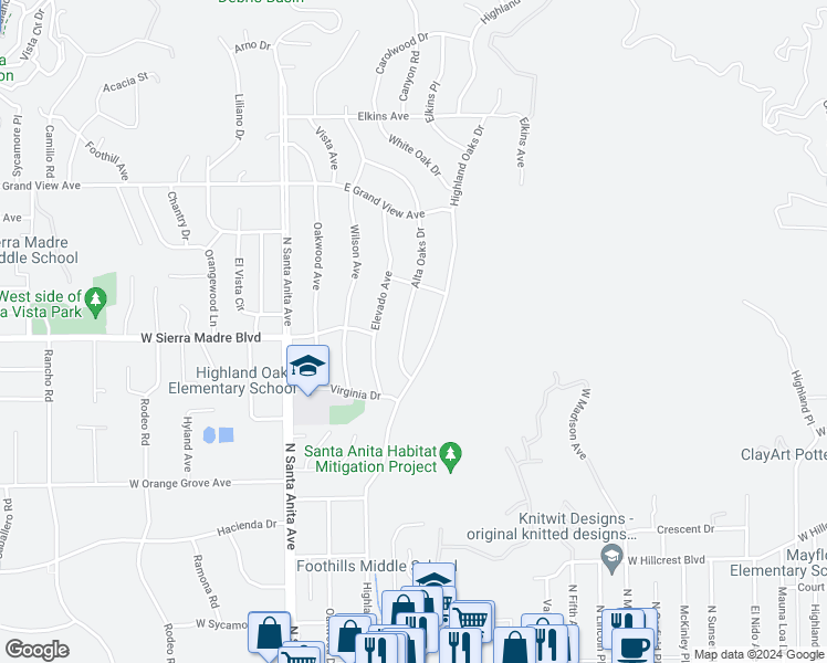 map of restaurants, bars, coffee shops, grocery stores, and more near 1716 Alta Oaks Drive in Arcadia
