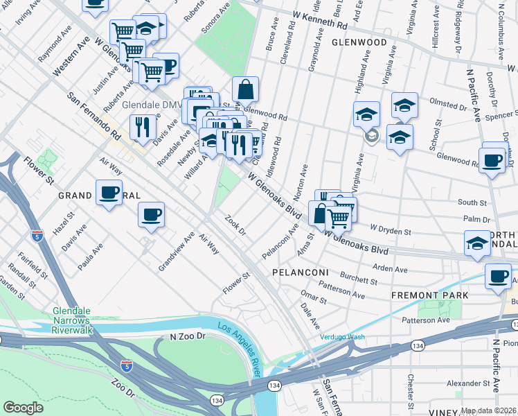 map of restaurants, bars, coffee shops, grocery stores, and more near 905 Graynold Avenue in Glendale