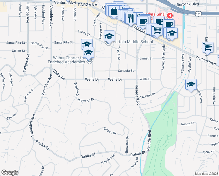 map of restaurants, bars, coffee shops, grocery stores, and more near 18762 Wells Drive in Los Angeles