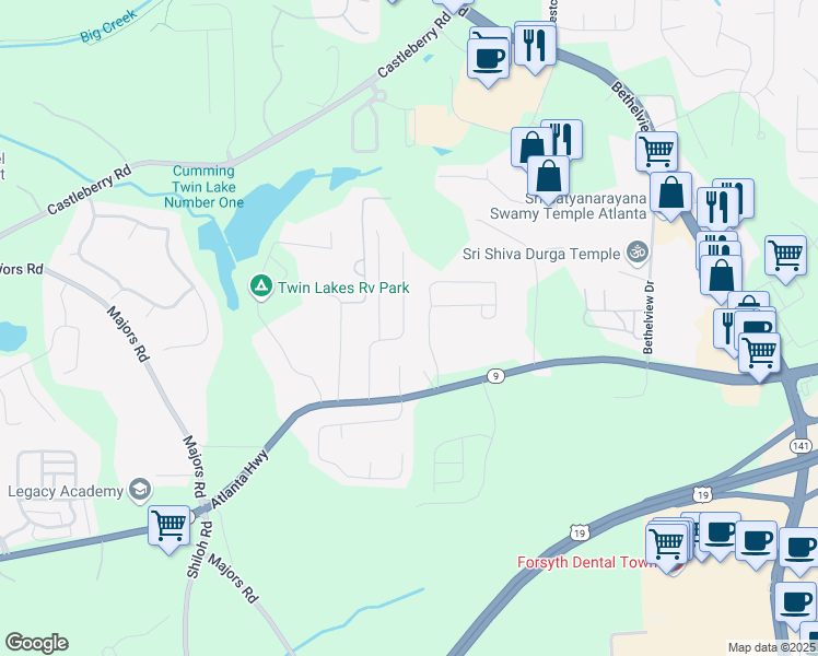 map of restaurants, bars, coffee shops, grocery stores, and more near 3028 Kentmere Drive in Cumming