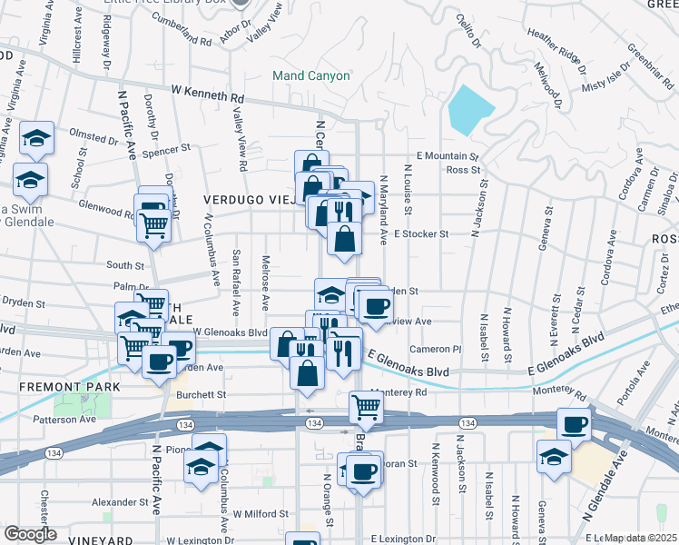 map of restaurants, bars, coffee shops, grocery stores, and more near 1131 North Brand Boulevard in Glendale