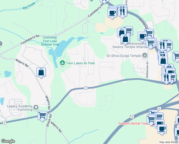 map of restaurants, bars, coffee shops, grocery stores, and more near 3033 Kentmere Drive in Cumming
