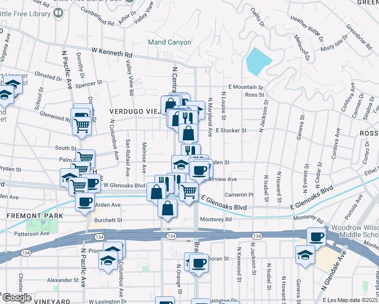 map of restaurants, bars, coffee shops, grocery stores, and more near 1111 North Brand Boulevard in Glendale