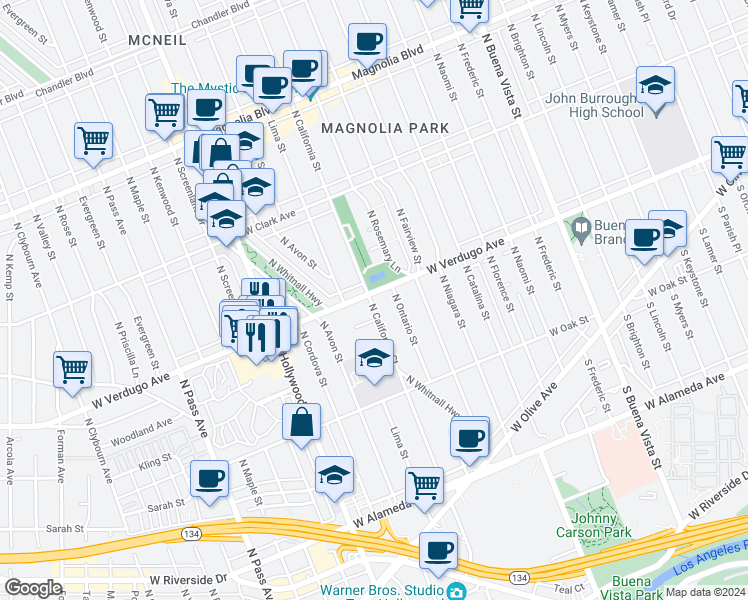 map of restaurants, bars, coffee shops, grocery stores, and more near 544 North California Street in Burbank