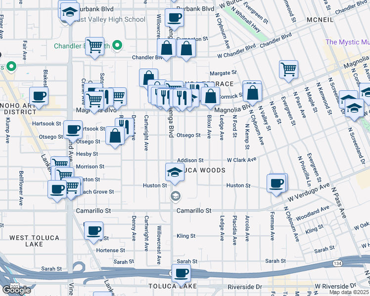 map of restaurants, bars, coffee shops, grocery stores, and more near 5041 Auckland Avenue in Los Angeles