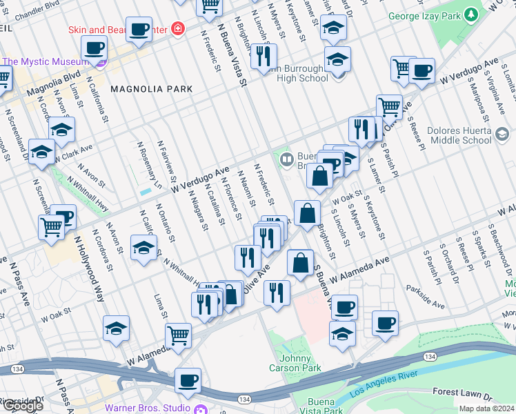 map of restaurants, bars, coffee shops, grocery stores, and more near 216 North Buena Vista Street in Burbank