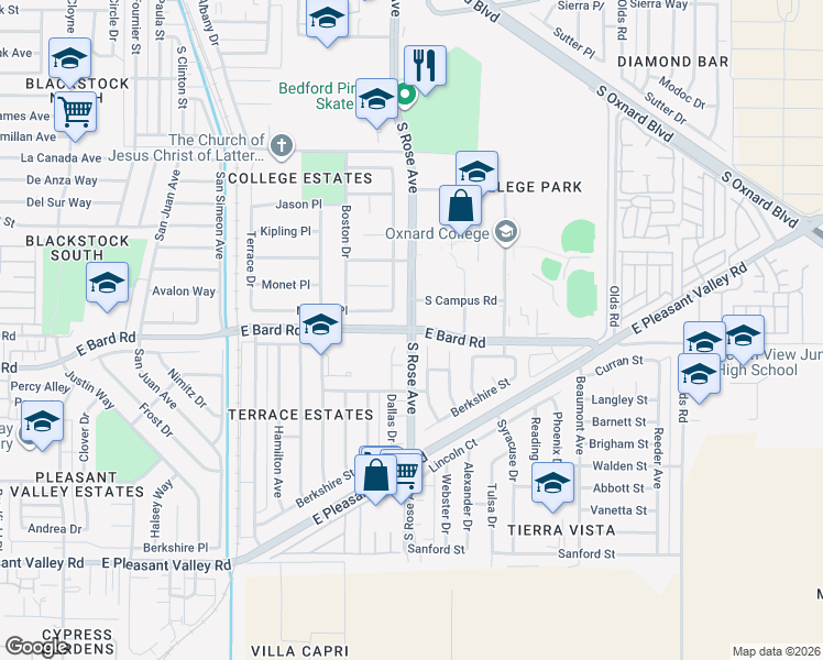 map of restaurants, bars, coffee shops, grocery stores, and more near S Rose Ave & Bard Rd in Oxnard