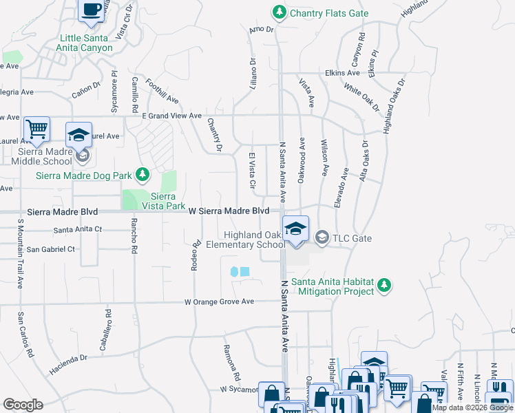 map of restaurants, bars, coffee shops, grocery stores, and more near 1723 El Vista Circle in Arcadia