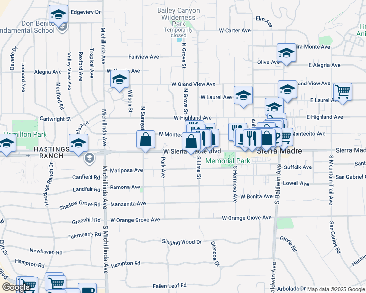 map of restaurants, bars, coffee shops, grocery stores, and more near 25 North Lima Street in Sierra Madre