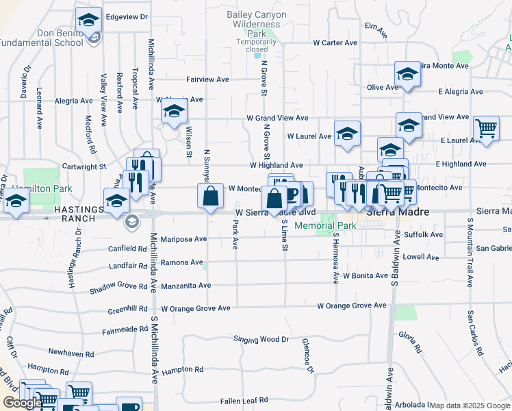 map of restaurants, bars, coffee shops, grocery stores, and more near 435 West Sierra Madre Boulevard in Sierra Madre