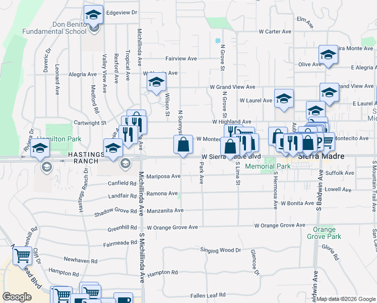 map of restaurants, bars, coffee shops, grocery stores, and more near 531 West Sierra Madre Boulevard in Sierra Madre