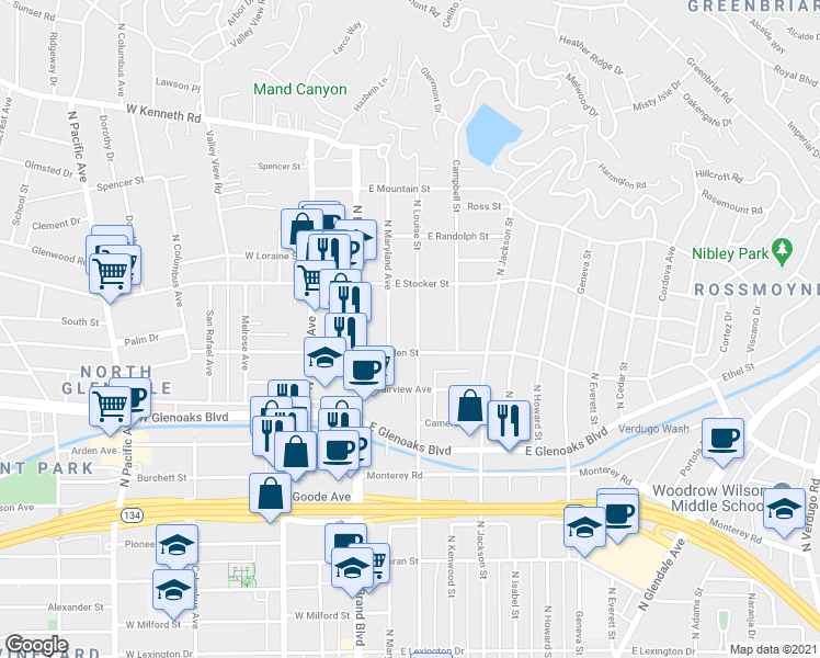 map of restaurants, bars, coffee shops, grocery stores, and more near 1130 North Louise Street in Glendale