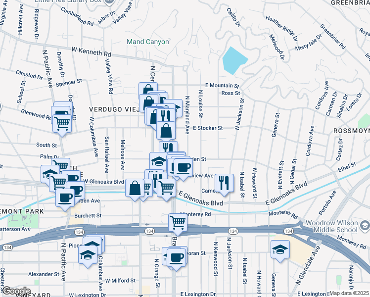 map of restaurants, bars, coffee shops, grocery stores, and more near 1131 North Maryland Avenue in Glendale