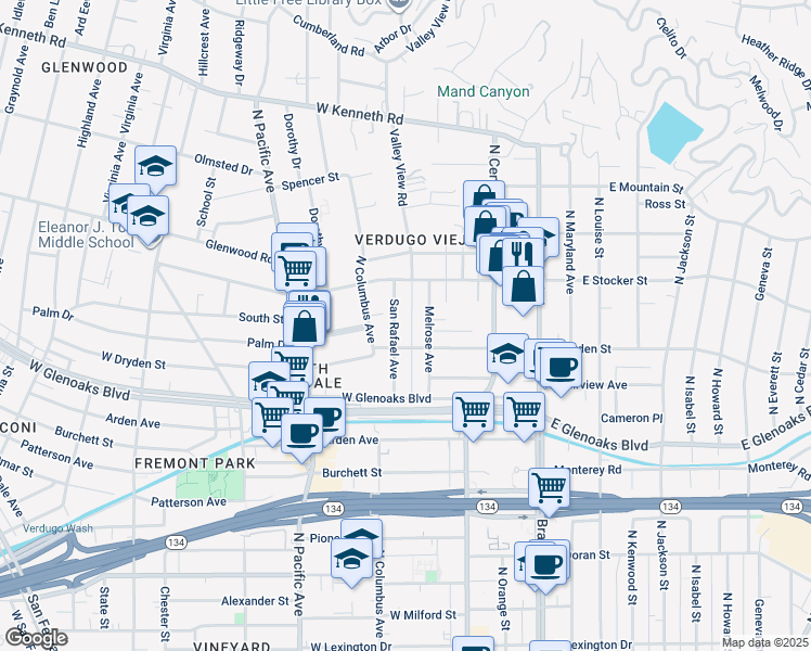 map of restaurants, bars, coffee shops, grocery stores, and more near 1125 Melrose Avenue in Glendale