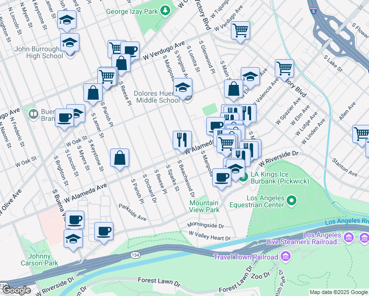 map of restaurants, bars, coffee shops, grocery stores, and more near 536 South Griffith Park Drive in Burbank